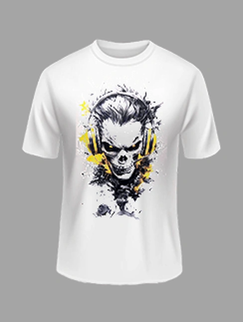 High Quality -Headphone Skull Printed Polyester Tshirt – White Color | Margramstore-M size